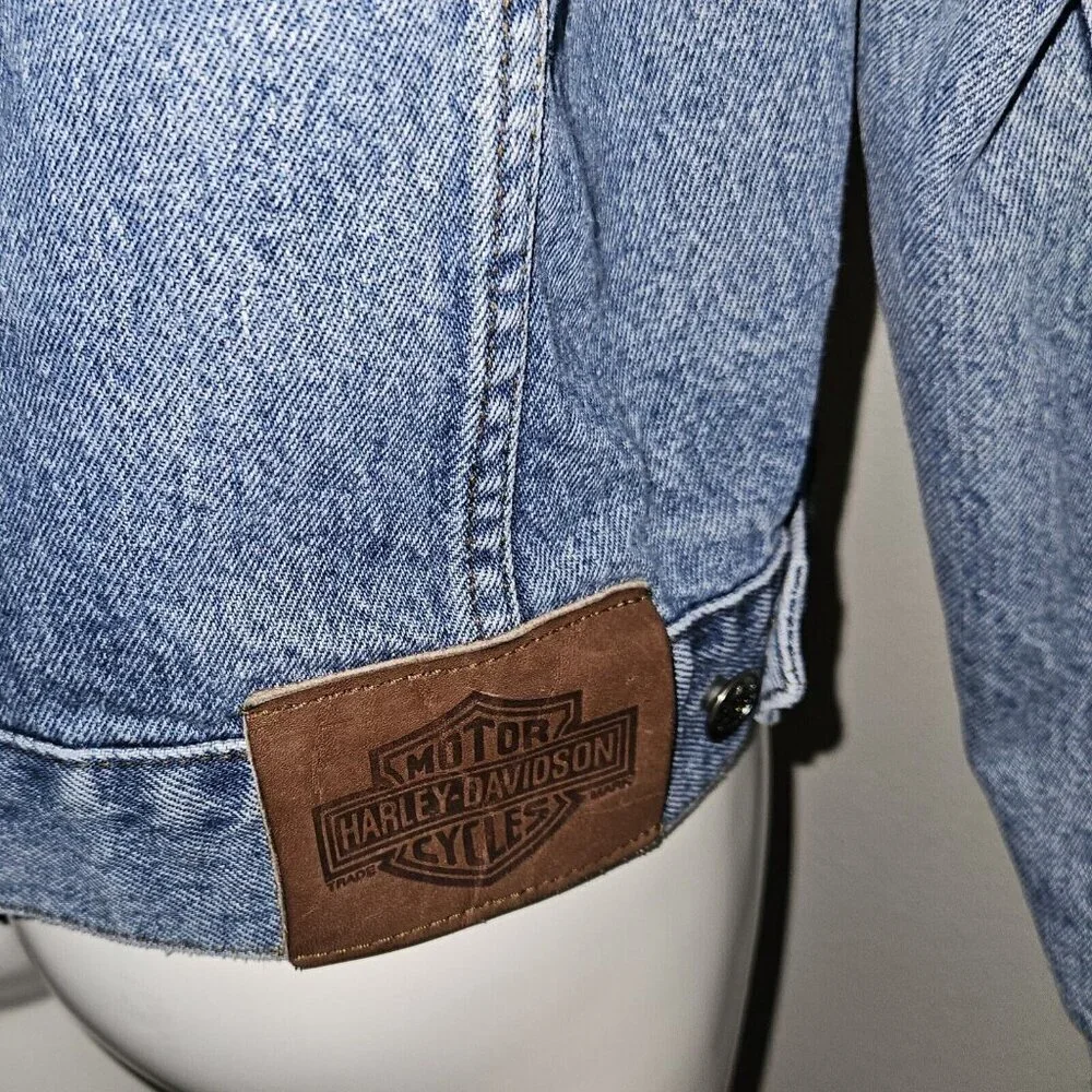 Biker Blues Harley Davidson Cropped Denim Jacket Embroidered Flags Ladies Small - Picture 6 of 14